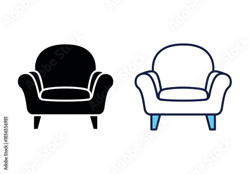 A simple illustration depicting two armchair designs one solid black and one with a blue