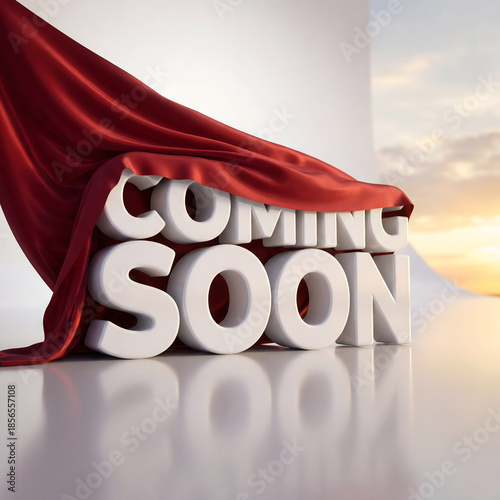 Coming soon text revealed from red fabric cover