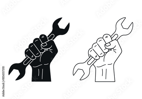 A strong hand firmly grasping an adjustable wrench showcasing power and mechanical skill high-quality professional