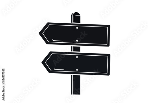 A simple illustration of a black and white directional signpost with two arrows pointing outwards