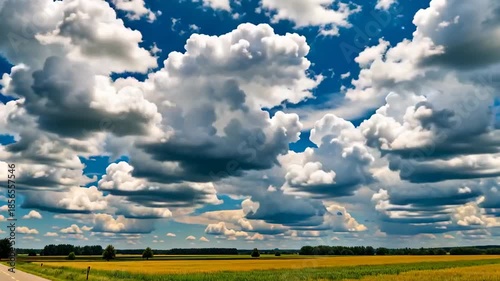 Dramatic Cumulonimbus Clouds Forming Over a Golden Wheat Field Under a Bright Blue Sky with Wispy