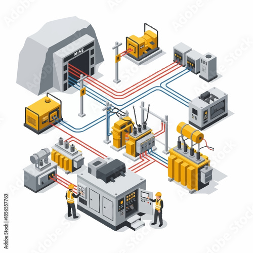 Isometric Power Grid System with Engineers and Electrical Infrastructure.