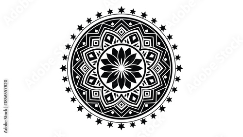 Intricate black and white circular mandala design with detailed symmetrical patterns