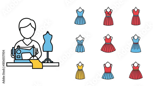 Fashion design process with a seamstress dress forms and various dresses