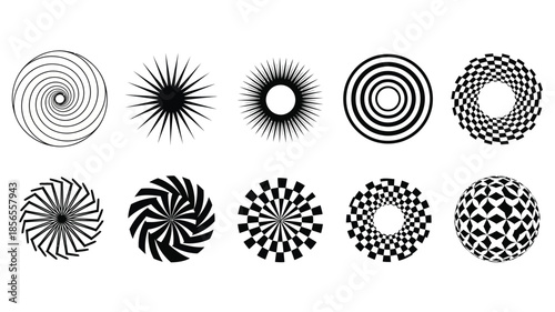 A collection of black and white circular optical illusion designs