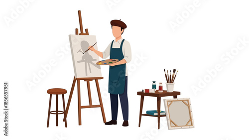 An artist passionately paints a portrait on a canvas with brushes and palette