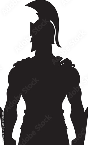 Black silhouette of a powerful Greek warrior or Spartan soldier, depicted from the back, wearing a distinctive ancient helmet.