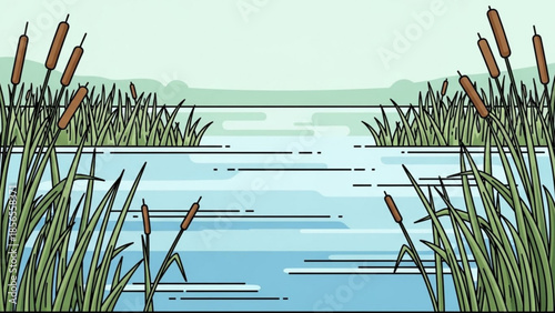 Serene lake scene with cattails and reeds in foreground, calm water reflecting light blue sky and distant green landscape