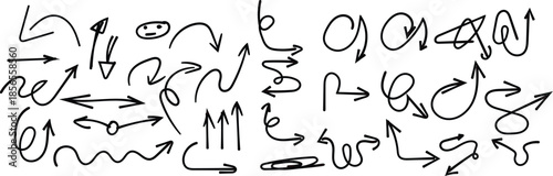Collection of hand drawn sketchy black and white arrows illustrating diverse directions and whimsical movement concepts.