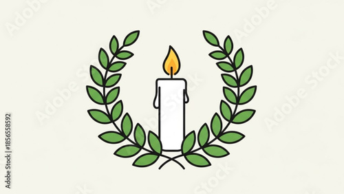 A lit white candle surrounded by a wreath of green leaves on a plain beige background symbolizing peace and serenity