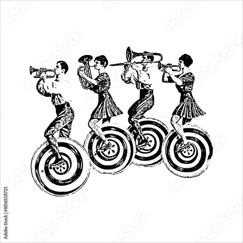 Vintage circus musicians on unicycles