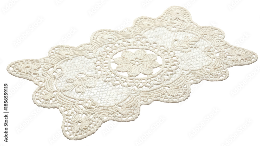 Obraz premium Isolated handmade beige doily with floral pattern, lace table mat, vintage design, elegant look