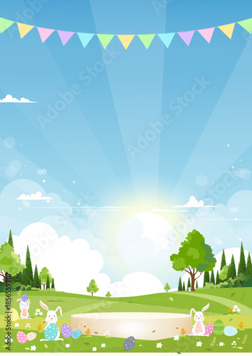 Spring Sky Blue for Easter background,Cute bunny rabbit,colorful Easter egg,podium stage on green meadow landscape for product display.Easter promotion,kids event,seasonal sale,festive greeting card