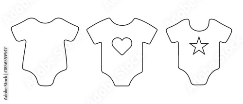Simple Baby Bodysuits with Outline Designs on White Background.