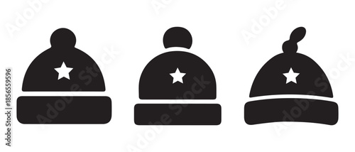 Black beanies with stars, simple graphic design on a white background.