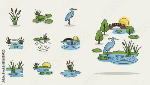 A serene landscape of a pond with lily pads, cattails, and a heron standing on the water's edge, surrounded by trees and a bridge in the background