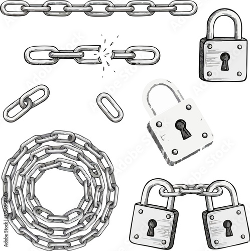 Hand Drawn Chain and Padlock Set – Vintage Ink Sketch of Metal Links, Broken Chain and Security Lock Icons