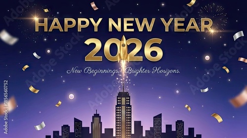 A cinematic, elegant Happy New Year 2026 poster features a midnight sky, a glowing city, and a rocket’s gold-trajectory forming the gleaming ‘2026’. Generative AI