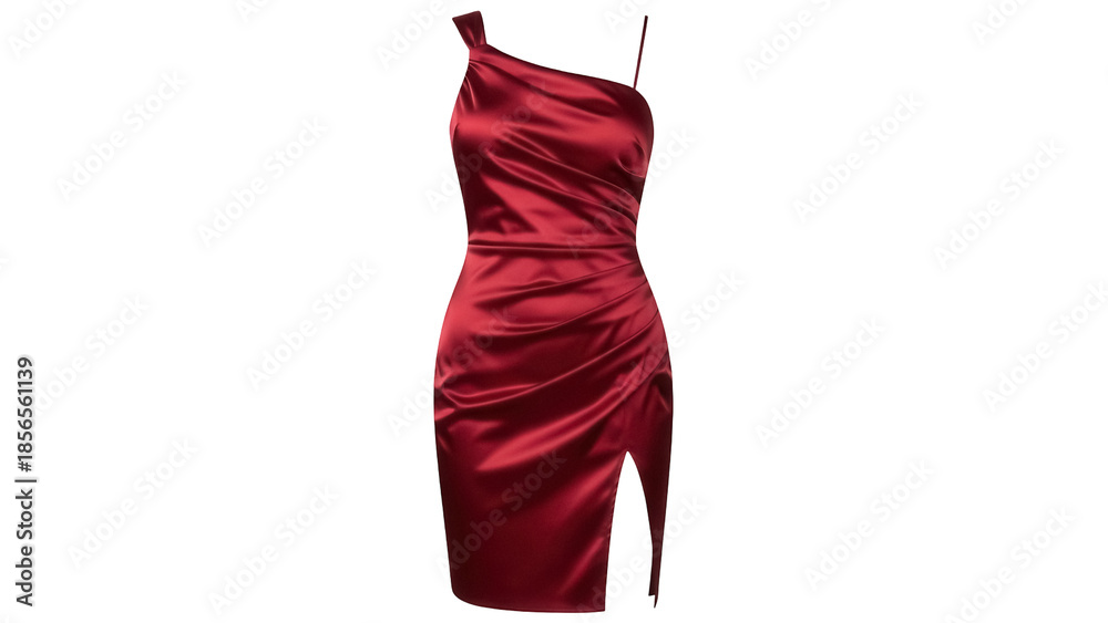 Φωτογραφία Isolated red one-shoulder dress with a slit, satin garment for women, fashion ph