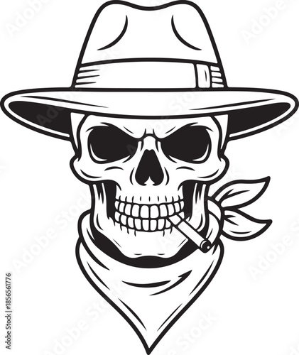 Human skull wearing cowboy hat and bandana, smoking cigarette, western outlaw skeleton illustration