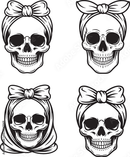 Set of four different pin up style female skulls wearing bandanas or headscarves with bows