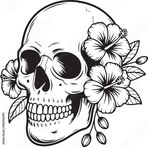 Vintage human skull portrait illustration decorated with lush tropical hibiscus flowers and leaves monochrome graphic print