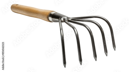 Gardening tool with wooden handle and metal tines isolated on transparent background