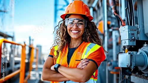 A woman wearing a hard hat and safety glasses standing in front of a power plant