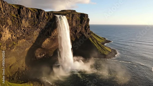 Streaming Waterfall Over rugged cliffs by the sea