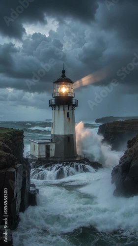 Lighthouse beam shines brightly over a rocky cliff amid crashing ocean waves on a dark cloudy day. Coastal protection during intense storm weather.
