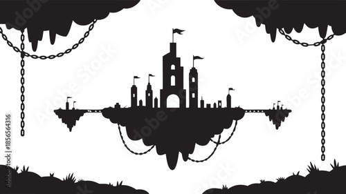 Floating small citadel silhouette suspended inside dark cavern connected by chains fantasy platformer background
