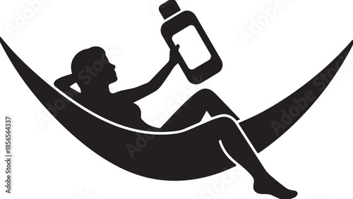 Female lying in hammock holding bottle transparent background silhouette illustration
