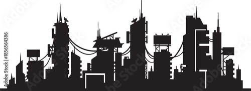 futuristic cyberpunk city skyline silhouette with complex interconnected buildings outline