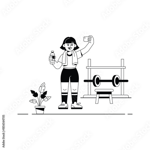 Glyph illustration of a woman holding water bottle and phone after gym workout
