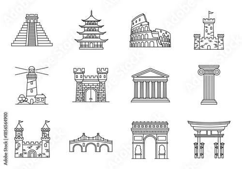 Set of black line icons featuring world landmarks including Mayan pyramid pagoda Roman Colosseum castle lighthouse Greek temple and Japanese torii gate