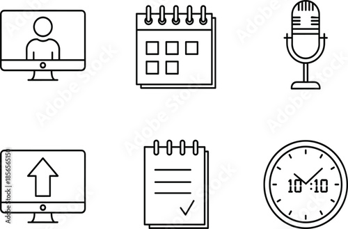 Set of black line icons for digital communication including video conference monitor calendar microphone upload symbol notes and office clock for remote work