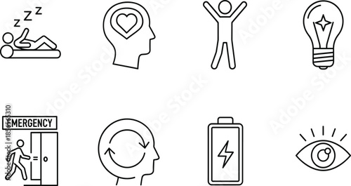 Set of black line icons for mental health and personal wellness featuring sleep profile with heart idea lightbulb emergency exit battery and eye symbol