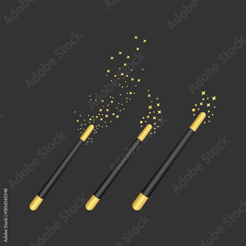 Three magical wands with sparkling stars