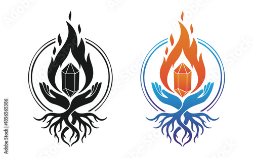 Symbolic flame with hands and roots