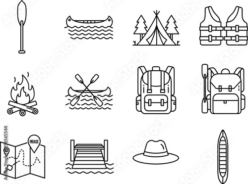 Set of black line icons for outdoor camping and canoeing featuring kayak paddle tent campfire life vest backpack map hat and pier for adventure travel