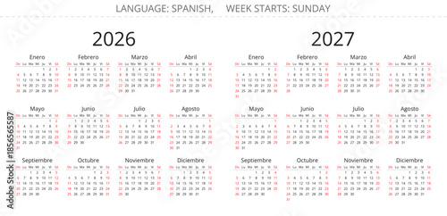 2026 and 2027 spanish year calendar. Week starts Sunday. Vector illustration. Spain