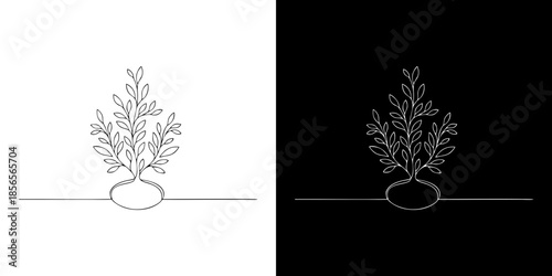 Minimalist continuous line art icon of a sprouting plant or growing seedling, elegantly symbolizing organic growth, natural vitality, and sustainable development