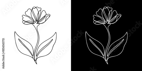 Elegant continuous line art drawing of a minimalist blooming flower with delicate petals, stem, and leaves. Versatile black and white vector design element for modern aesthetic projects