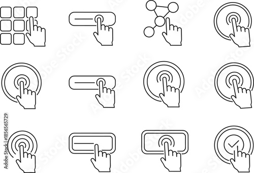 Set of black line icons for touchscreen gestures including finger tapping clicking sliding and selecting on digital buttons buttons and interactive user interface elements
