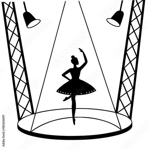 Silhouette of a Ballerina in the spotlight: A graceful silhouette of a ballerina in a spotlight, poised in a ballet stage. captured with artistic precision. 