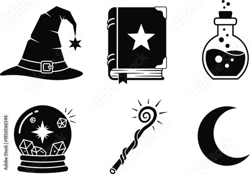 Set of black magic icons featuring wizard hat spell book magic potion bottle crystal ball wand and crescent moon for fantasy gaming and mystery
