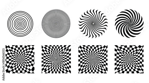 Optical illusions featuring concentric circles spirals and checkerboard patterns