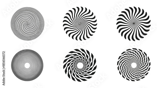 Optical illusions featuring swirling black and white circular patterns in a composition