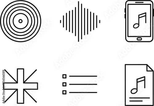 Set of black music and media icons featuring audio wave vinyl record smartphone music player playlist and digital file with musical note symbol for app design
