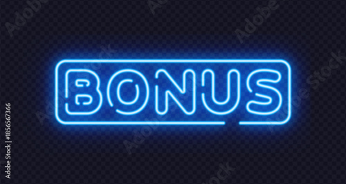 Blue neon bonus sign in minimalist vector style, ideal for promotions, rewards, and special offers. Cool glow adds modern accent.